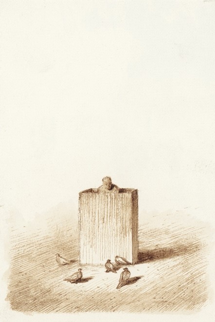 Doves, 2009, brown ink on paper, 12 x 9,5 cm - Tinus Vermeersch